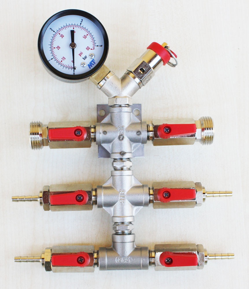 CO2-Wandverteilung 4fach mit Manometer und Sicherheitsventil