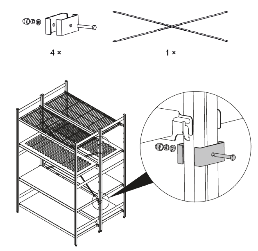 Kreuzverstrebungen und Längsverbinder für Edelstahlregale